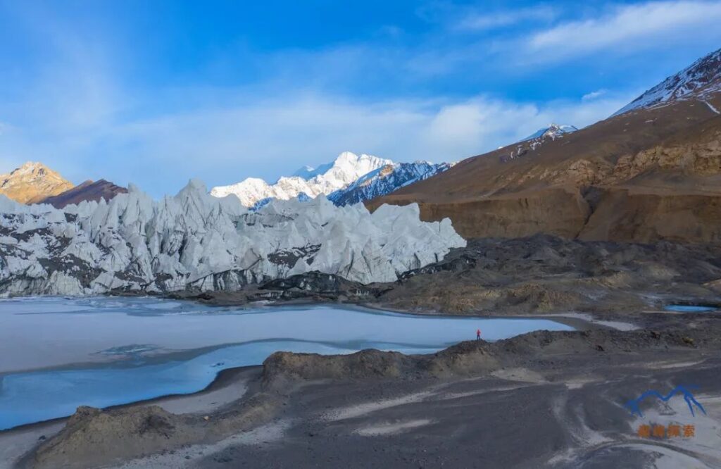 Snow-capped mountains, glacier, and lake ↑